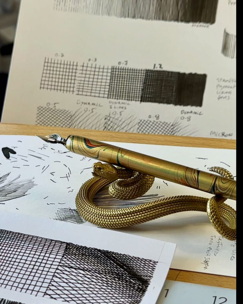 Values chart for pen and ink and brass snake holder for dip pens