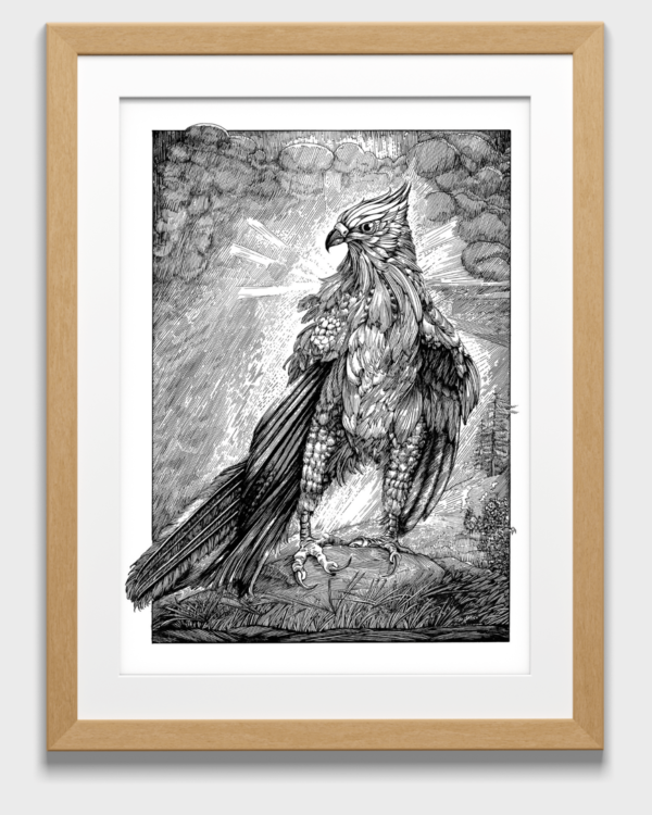 Illustration of a standing hawk with a stormy background