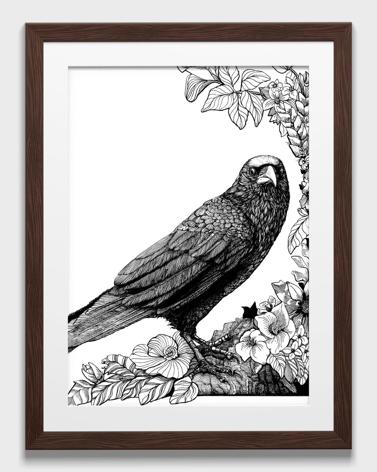 Framed drawing of a crow art print