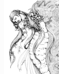 Illustration of mermaid draw in a vintage pen and ink style