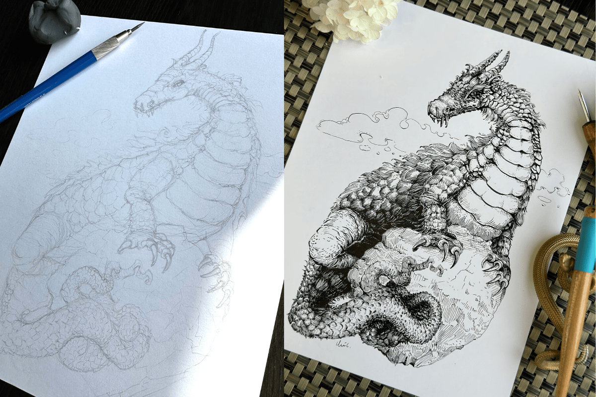 Pencil and inked illustration of Fafnir