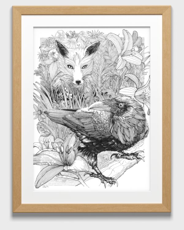 Framed illustration of the fox and crow fable