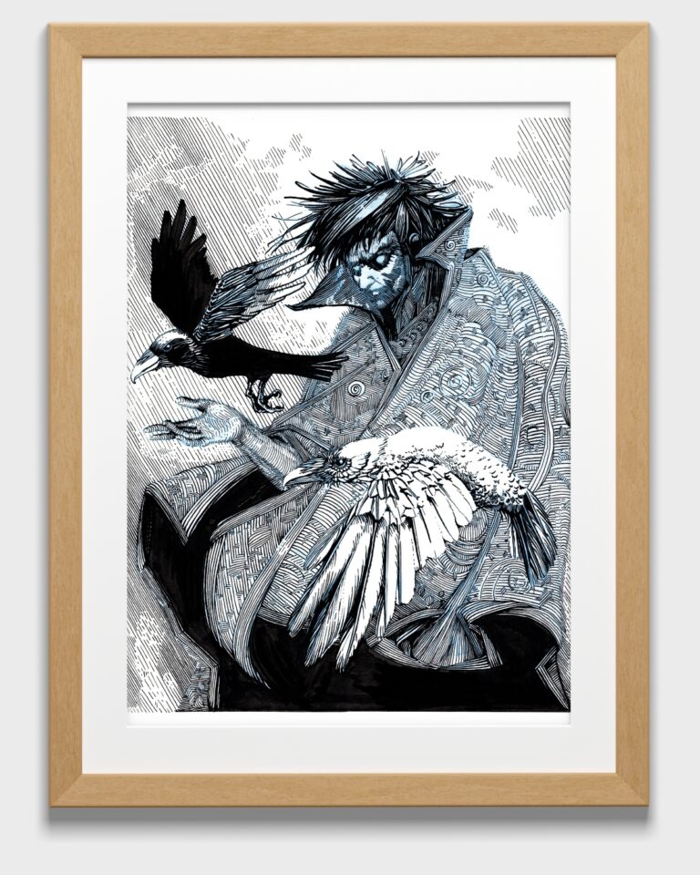 Framed pen and ink illustration of the Sandman character Morpheus
