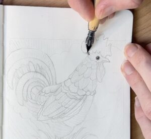 Etching-Style-Rooster-Inking